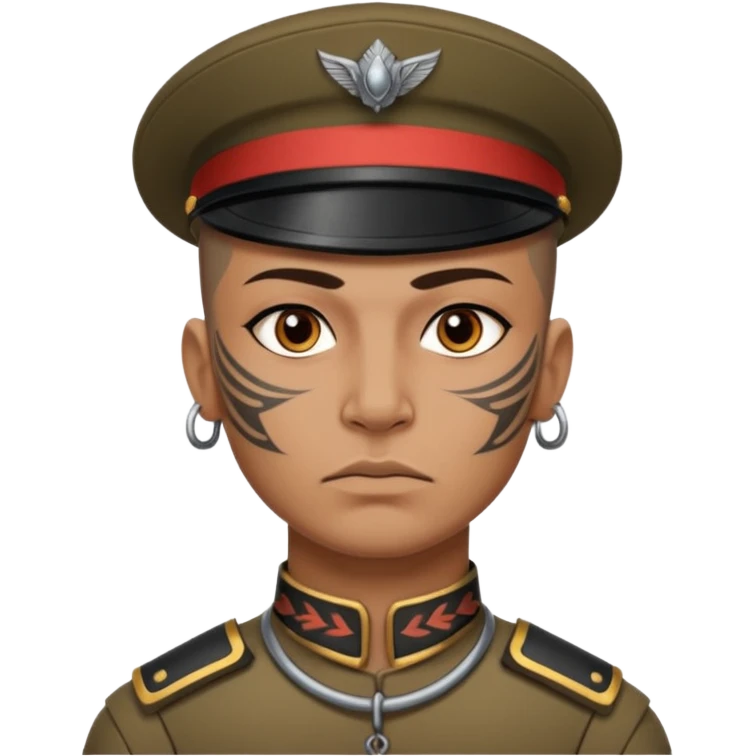 tatooed soldier on neck and face, tribal ancient emoji