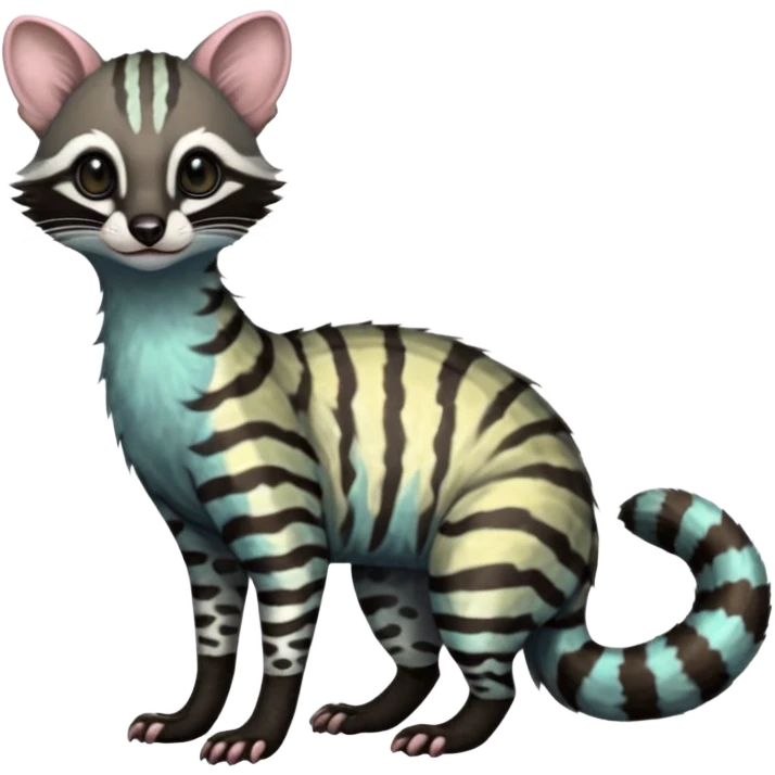 Feral Rare Fantasy iridescent scaly  shaded detailed colorful Genet-Trico-Civet-Cacomistle-Margay-species by LiLaiRa,, with white stripes with dark-blackish points, white belly, random markings, tufted tail, tufted ears, full body emoji