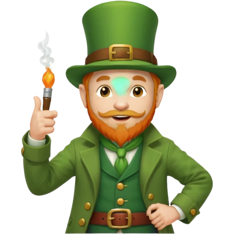 leprechaun looking up, and giving a thumbs up. on his left hand, he is holding his waist. change the hat band with orange band and a red belt. change the facial hair to white. on his mouth, he is smoking a red pipe. emoji