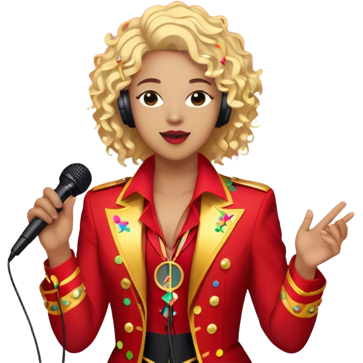 Create a vibrant and dynamic emoji that represents pop or stage vocal performance. The design should feature a close-up of a classic stage microphone (retro-style) with a lanyard, set against a stage background without people. Add concert lighting, a celebratory salute of confetti or fireworks in the background, and musical notes forming a ribbon, symbolizing the performance and creativity of pop vocals. Include subtle elements like a formal stage costume to emphasize the professional aspect. Use bright, bold colors like gold, red, and neon to reflect the energetic and glamorous nature of pop vocal performance. The background should be transparent. emoji