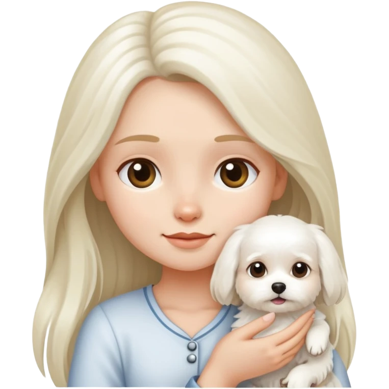 A long-haired girl holding a little white dog emoji