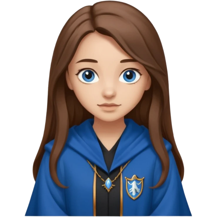 gorgeous Girl with light skin, blue eyes, long brown hair, wears ravenclaw black and blue robes  emoji