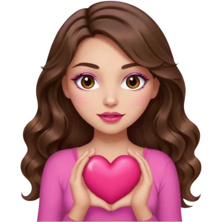 girl with long wavy brown hair, brown eyes, long lashes makeup, sexy pink lips, light to medium complexion, wearing a pink sexy top, squeezing a big heart emoji