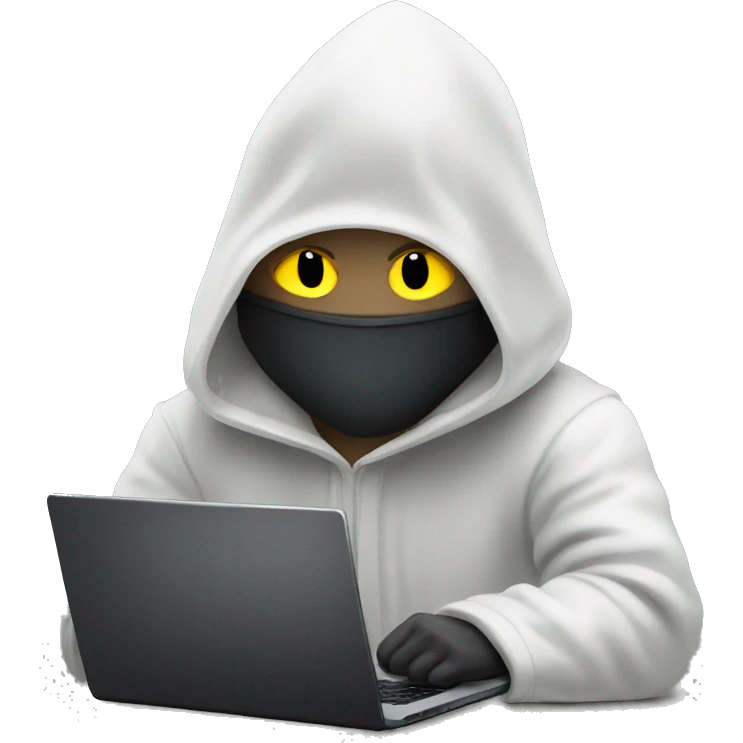 hooded masked man with a laptop and bright glowing white eyes  emoji