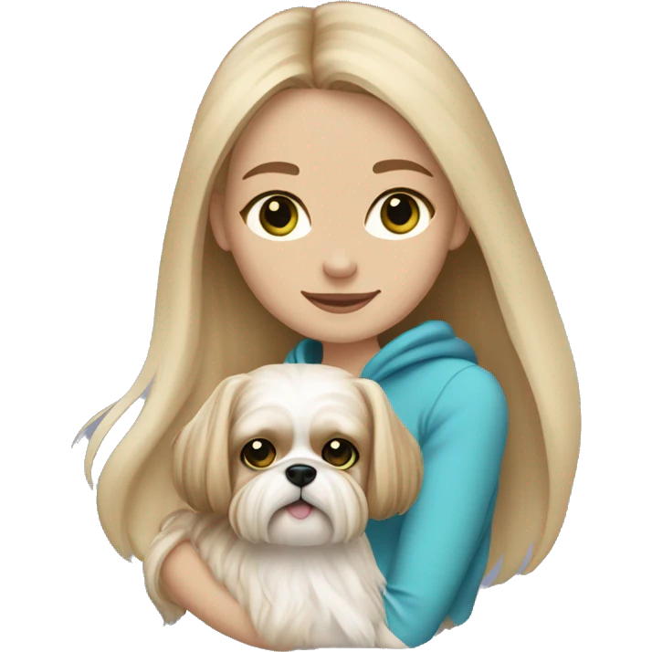 Girl with long blonde hair, freckles, and blue/green eyes holding an all beige shih tzu dog  emoji