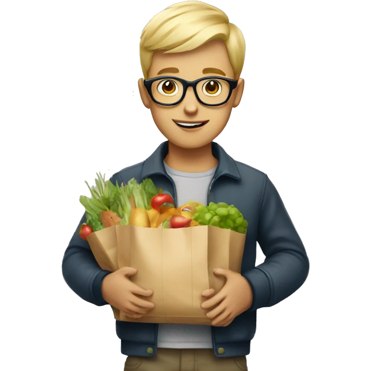 A boy with short cut blonde hair and glasses holding Shopping bag with food  emoji