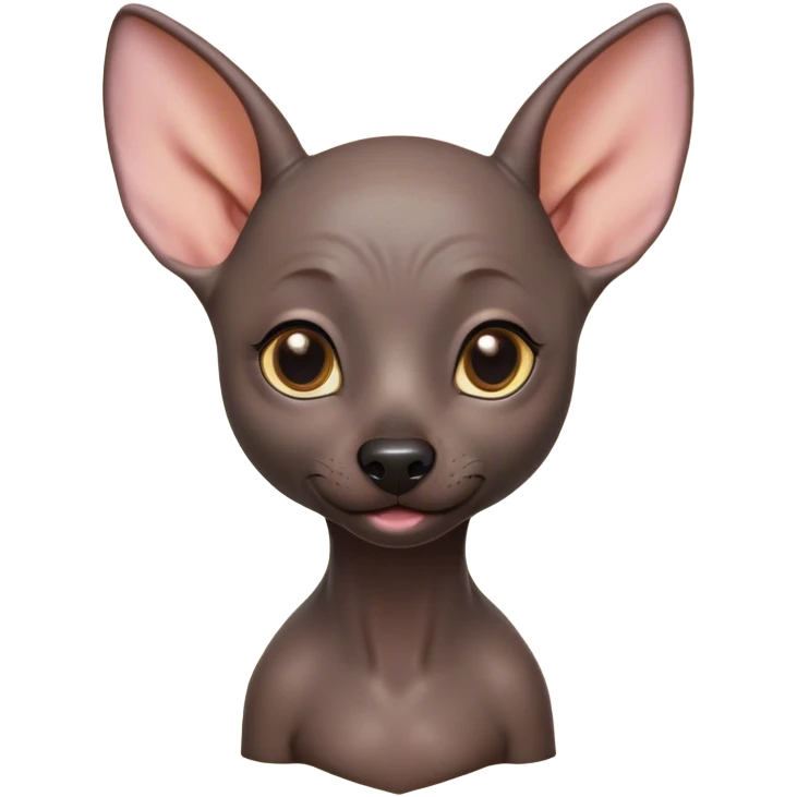 Cinematic Cute Xoloitzcuintle Portrait Emoji, Head tilted playfully and inquisitively, featuring smooth, hairless ebony skin with distinctive, artistic wrinkles, round, sparkling dark eyes filled with curiosity, Simplified yet irresistibly adorable features, highly detailed, glowing with a warm, friendly glow, high shine, affectionate and spirited, stylized with a touch of whimsy, bright and endearing, soft glowing outline, capturing the essence of a mischievous yet loving companion, so playful it feels like it could trot out of the screen and into your arms! emoji