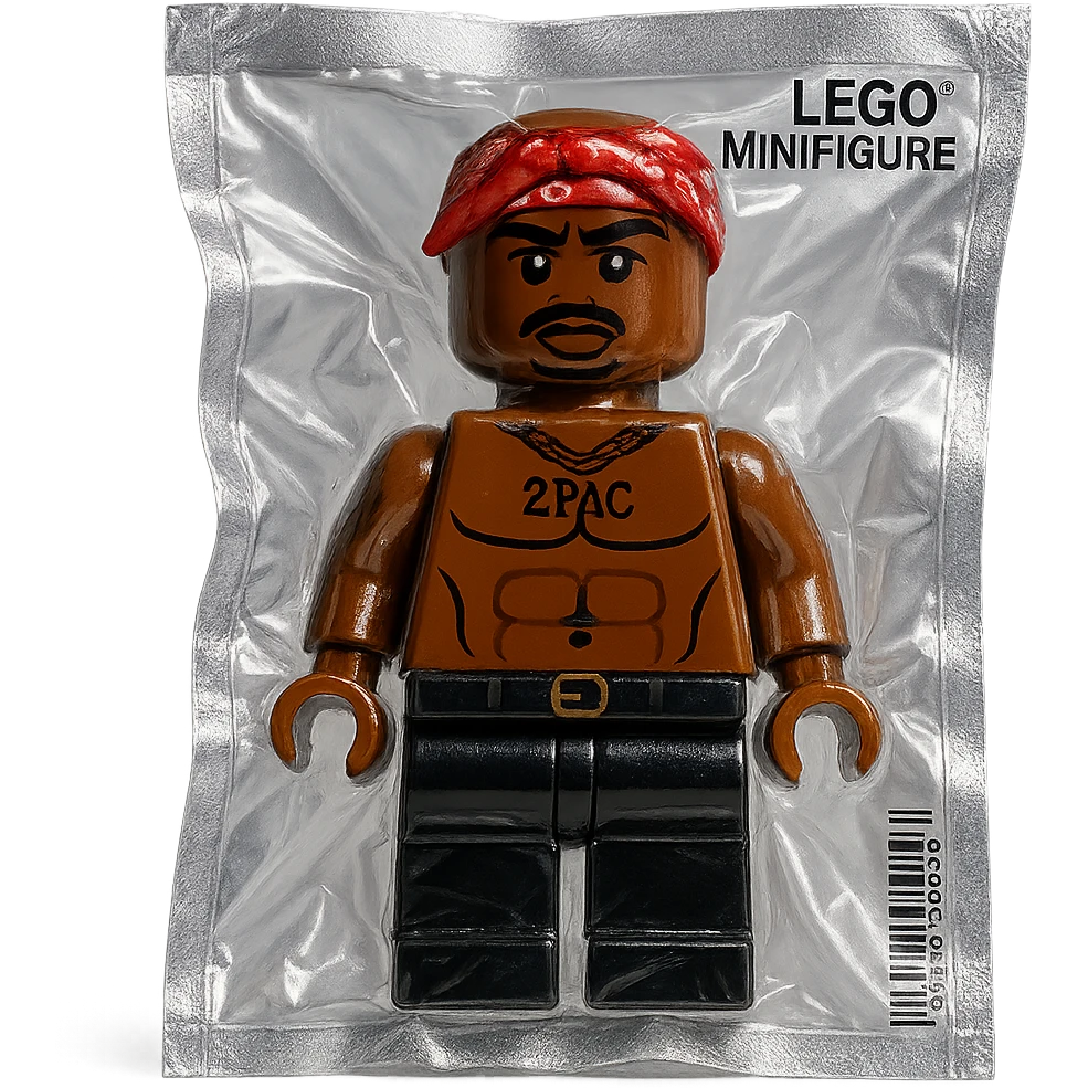 Lego minifigure of 2Pac, with signature bandana and West Coast style, glossy emoji
