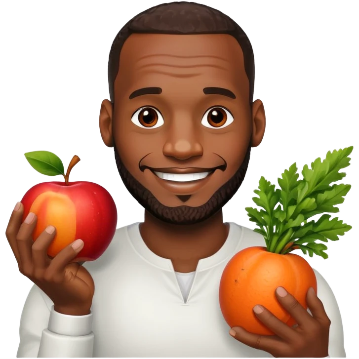LeBron James smiling and holding an apple and carrot emoji