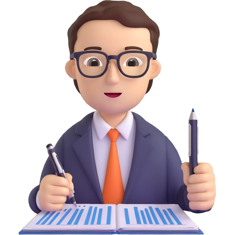 male accountant with financial reports, pen and glasses emoji