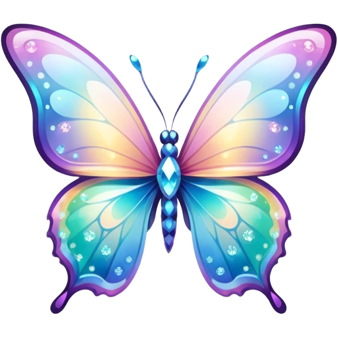 Transparent Shiny Glossy Pastel Gradient Hue Iridescent Crystal Butterfly with bright sparkles and sparkling glitter swirling around it emoji