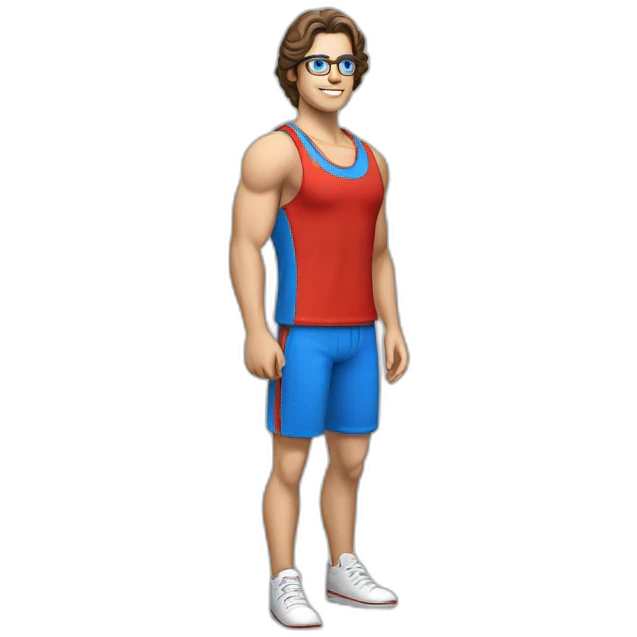 retro 70s blue and red gym clothes for a modern white brunette uni male student with glass emoji