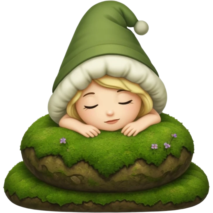 cozy forest character curled up on moss pillow with nightcap emoji