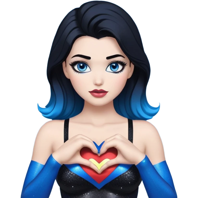 very very very large chest-hands heart emoji-tall-stunning beautiful face-black leggings-hands making heart emoji-glitter lips-very long straight-dark-black to blue ombre hair-and-blue-eyes-thick-black-eyeliner-thick-long-eyelashes-sky blue with glitter superman logo bra emoji