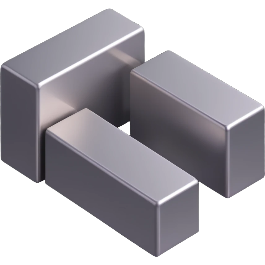 three long steel blocks, isometric view, two on the bottom and one on top, metallic shine, rectangular shape emoji