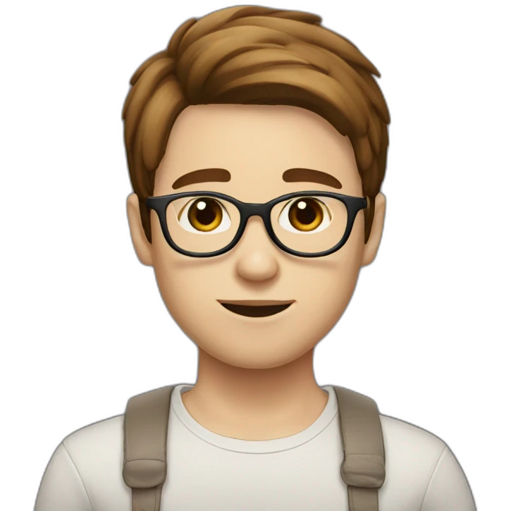 Boy with white skin and brown straight hair and round glasses, brown eyes emoji