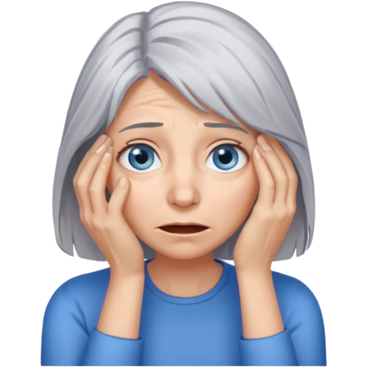 young woman with gray hair and blue eyes and 1 palm of hand covering face in exasperation emoji
