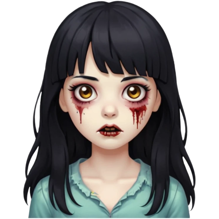 Zombie girl, black hair with bangs, slightly wavy, very long hair,long eyelashes, black eyes,iOS style emoji