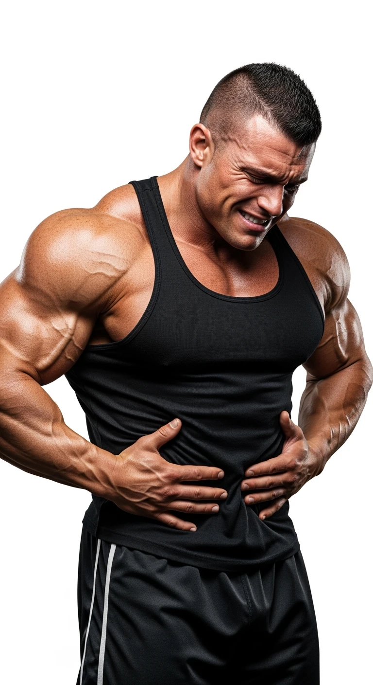 BODYBUILDER CHE SI INDICA I FIANCHI CON ESPRESSIONE AFFLITTA, ISOLATO SU SFONDO BIANCO, IPERREALISTICI 4K emoji