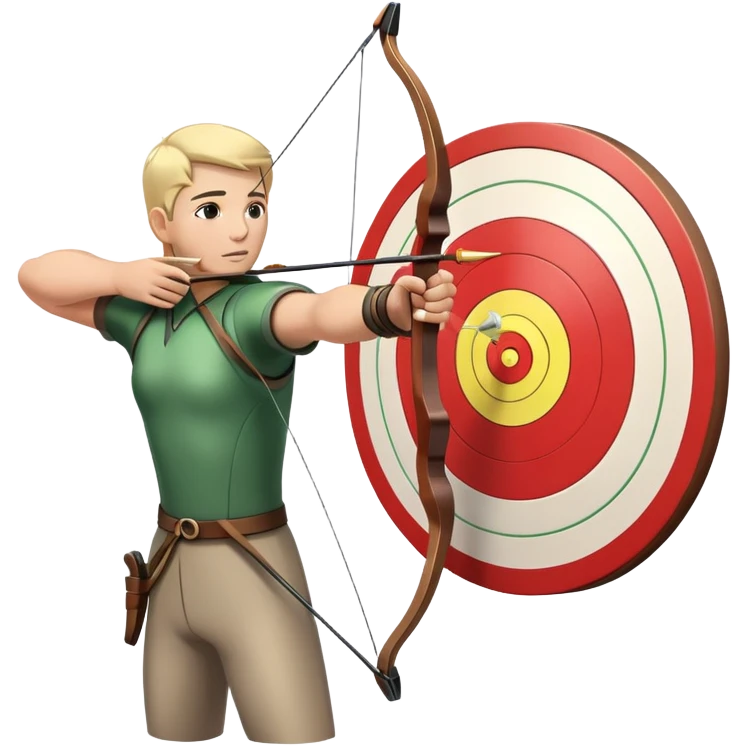 An archer pulling back a bowstring, aiming at a target in the distance. The target features concentric rings, and the scene conveys focus and precision. The background captures the essence of an outdoor archery range, highlighting skill and concentration in the sport. emoji
