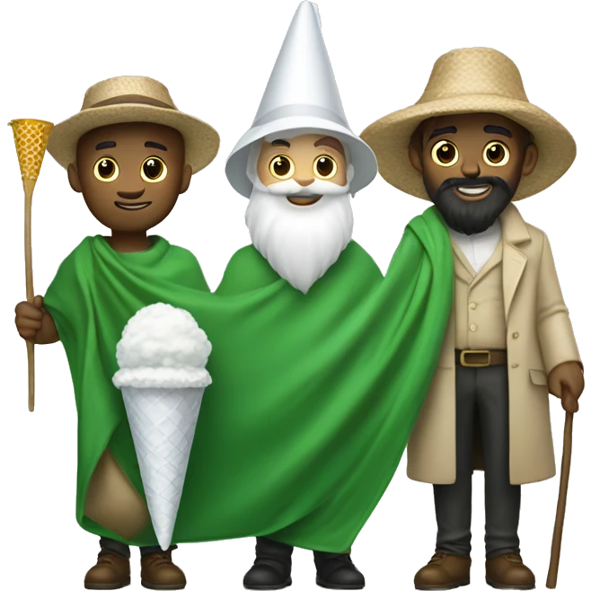 Guy with a green blanket, a white barbe with a butterfly catcher and a white cone-shaped hat emoji