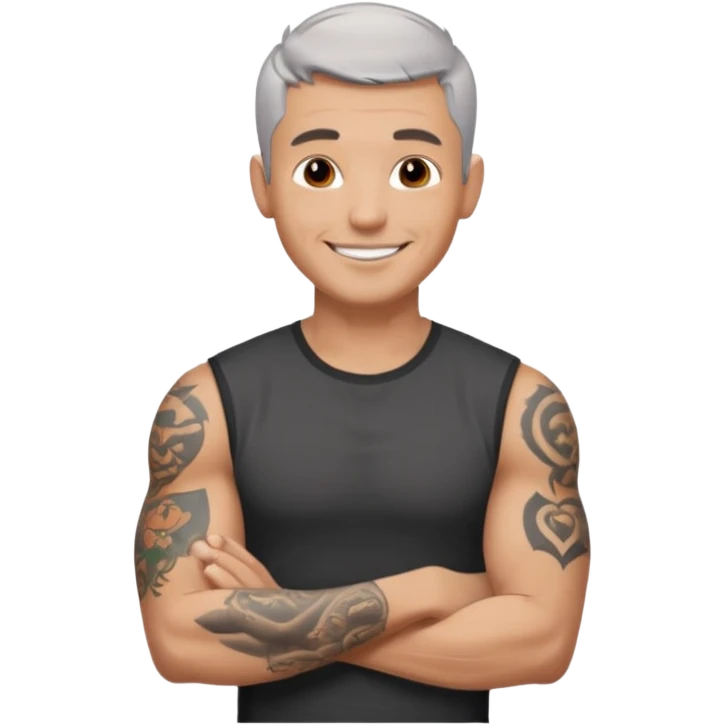 un homme de 35 ans, cheveux très court gris, qui sourit, musclé avec le bras droit tatoué et un tee shirt noir emoji