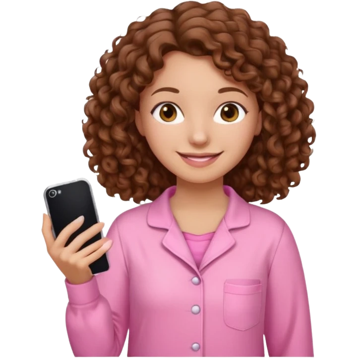 woman with curly brown hair wearing pink pajamas, iPhone emoji style emoji