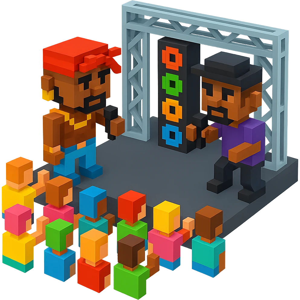 Lego 2Pac in a rap battle, facing off against another rapper, detailed crowd and stage emoji