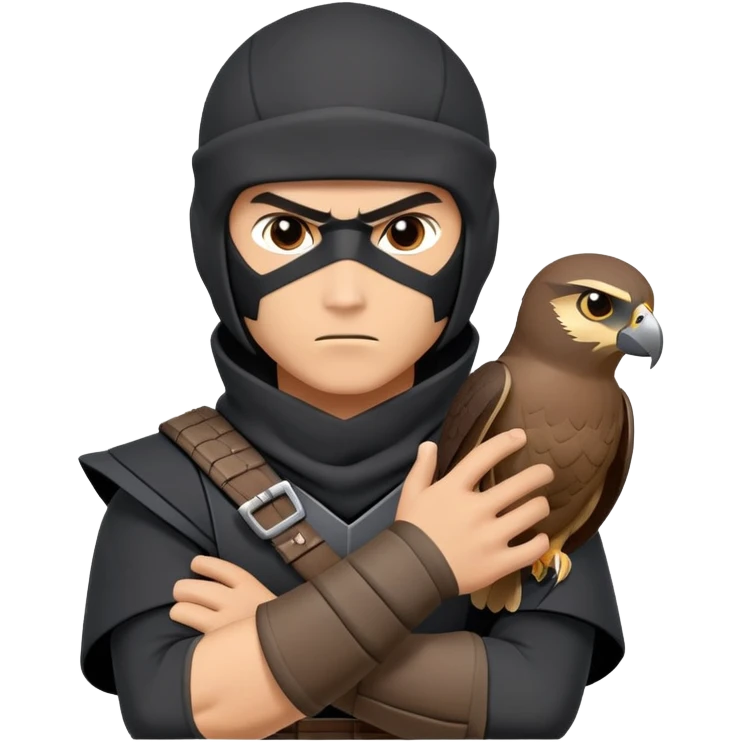 clash-of-clans-aesthetic_-cinematic-mysterious-male-ninja-portrait-emoji, rendered in a flat, vector-style with minimal shading and bold, simplified shapes, with a head slightly turned revealing intense, focused eyes. the ninja has his arm out and perched on top of his forarm is  a peregrin falcon  emoji