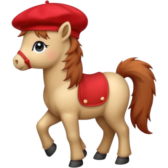 A cute pony (horse) emoji, full body, standing in side view, wearing a stylish red beret. emoji