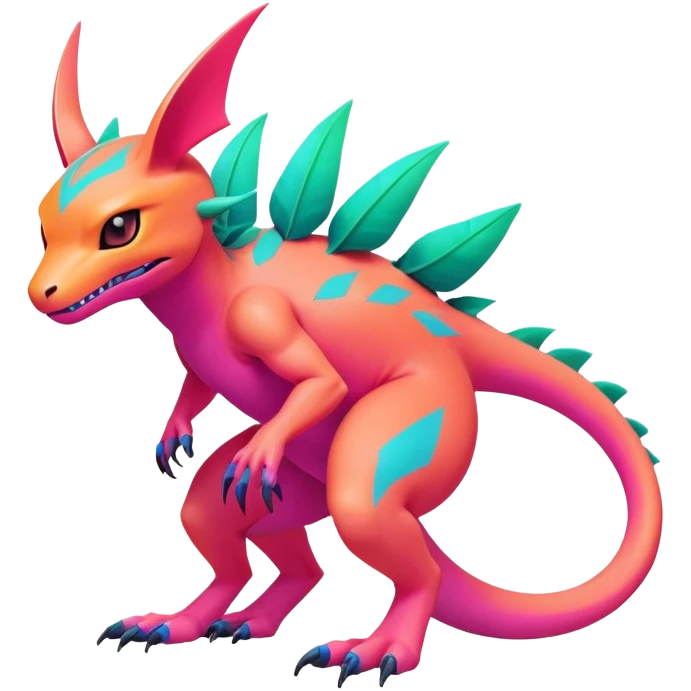 Tropical pastel dark bright vibrant futuristic lush warm-colored neon Fakémon-Vernid-Digimon-creature (full body) emoji