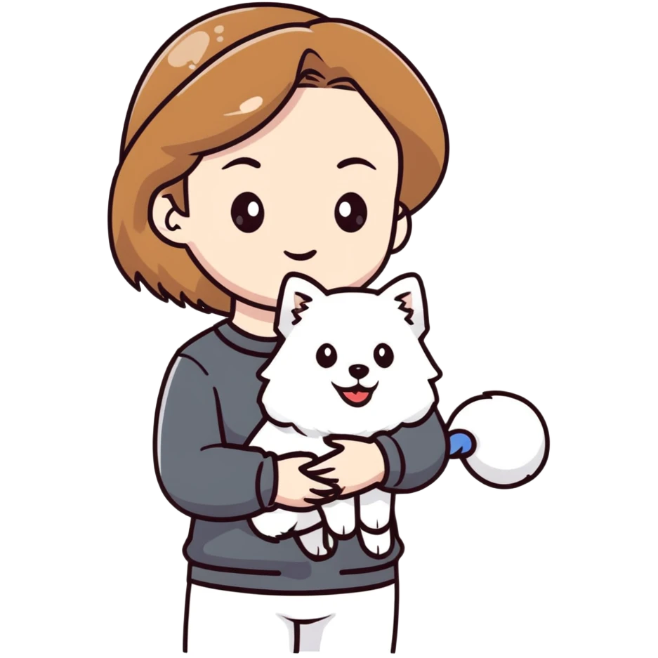 light brown hair girl with pale skin holding a white Japanese spitz dog emoji