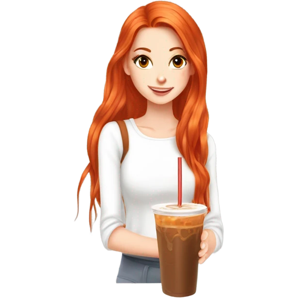 Beautiful fair skin long orange red hair girl brown eyes fair skin girly beautiful drinking straw iced ice coffee clean white beautiful emoji