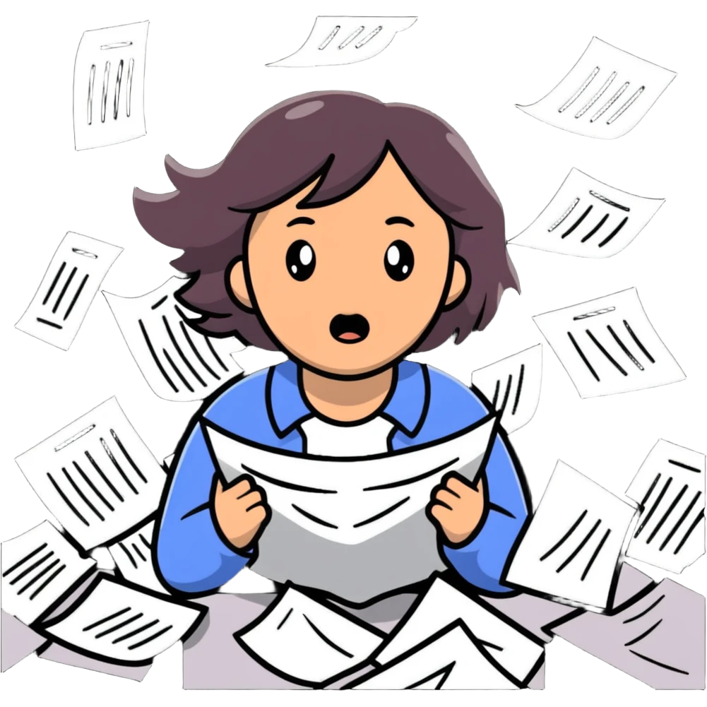 scared woman with flying papers around her emoji