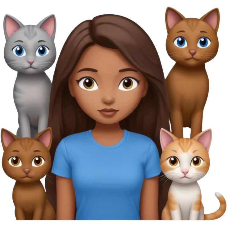 a pretty bratz dusky girl with long brown hair, blue eyes with six cats nd wearing a grey tshirt emoji
