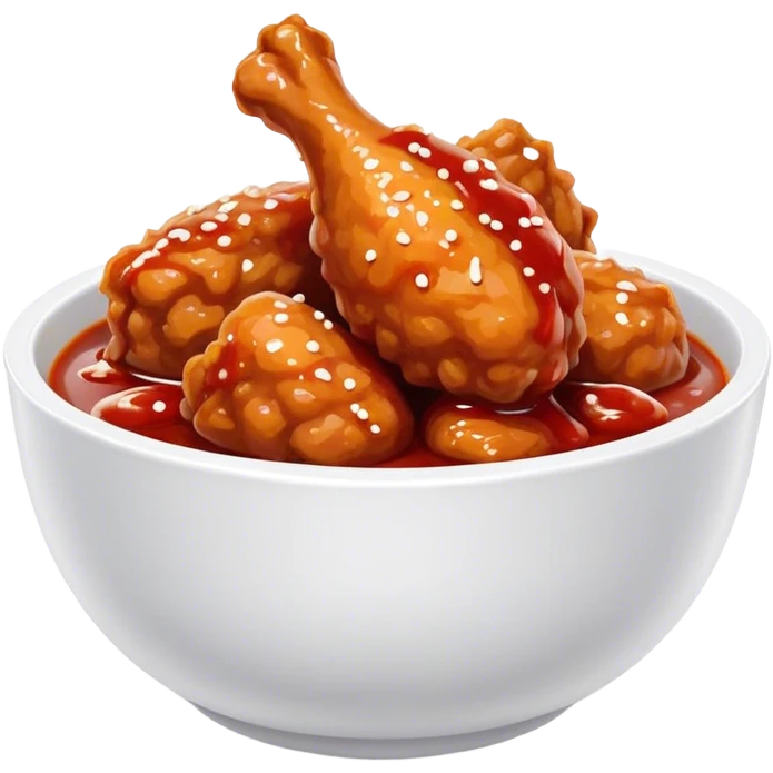 Korean Fried Chicken Cinematic Realistic Korean Fried Chicken Dish Emoji, depicted as bite-sized chicken chunks generously coated in a glossy, spicy sauce, in a bowl. emoji