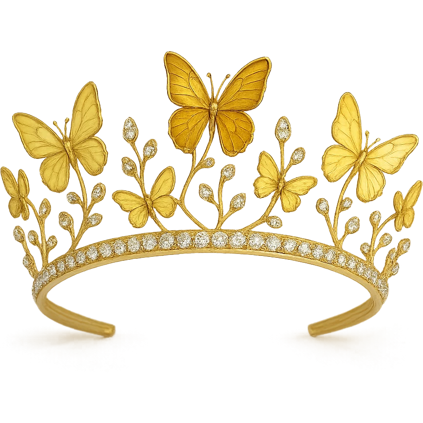 butterfly crown with a soft yellow base, only a couple of butterflies in light and dark yellow enamel, sparkling gems emoji