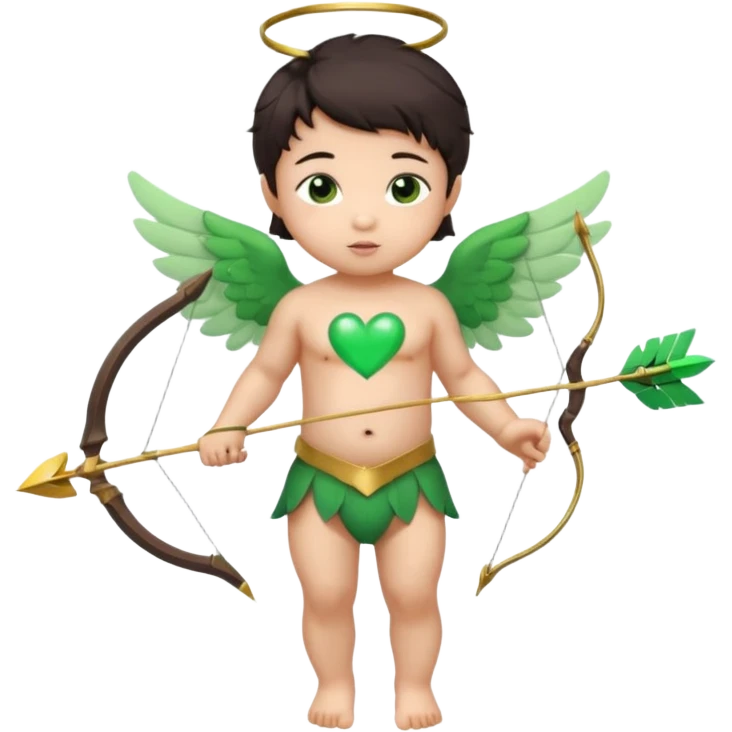 cupid asian baby flying full body with wings with brown eyes and dark hair handled bow and arrow green heart breaker and looking to heart emoji