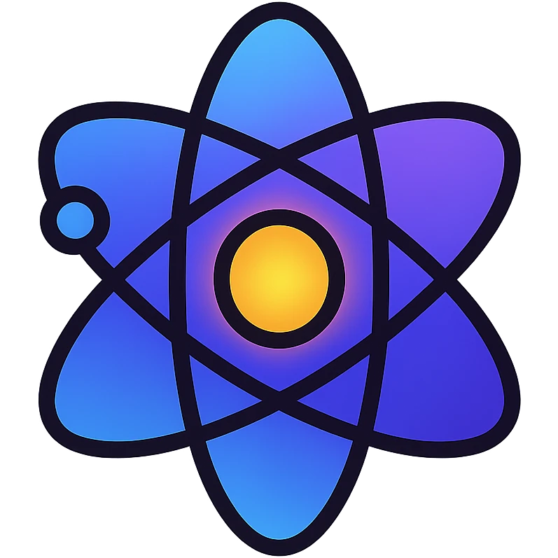 central glowing atomic symbol with cosmic gradient background blues purples, sleek 2D flat design, futuristic and clean, stands out at emoji scale emoji
