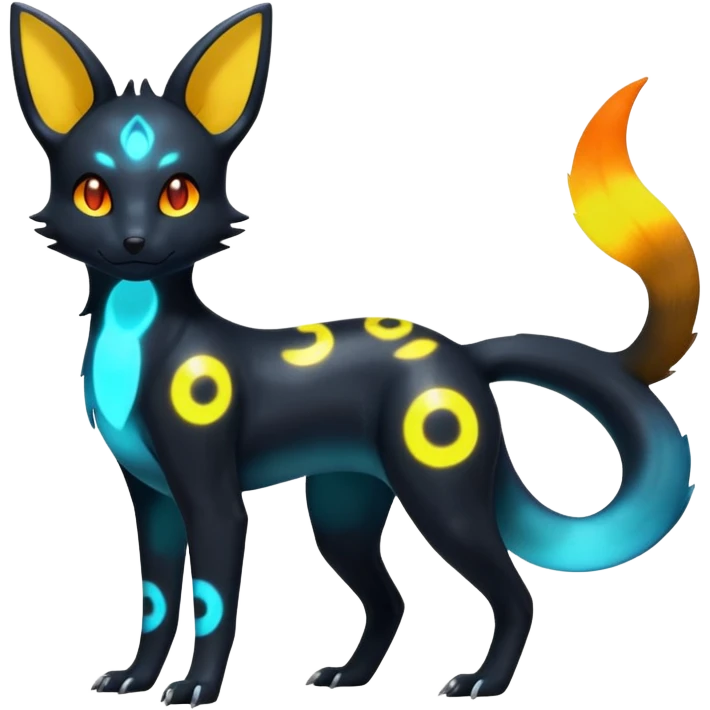 Shiny Aural Iridescent Fluorescent Bioluminescent Umbreon-Amaura-Salandit-Torracat-Fakémon-fusion (full body) emoji