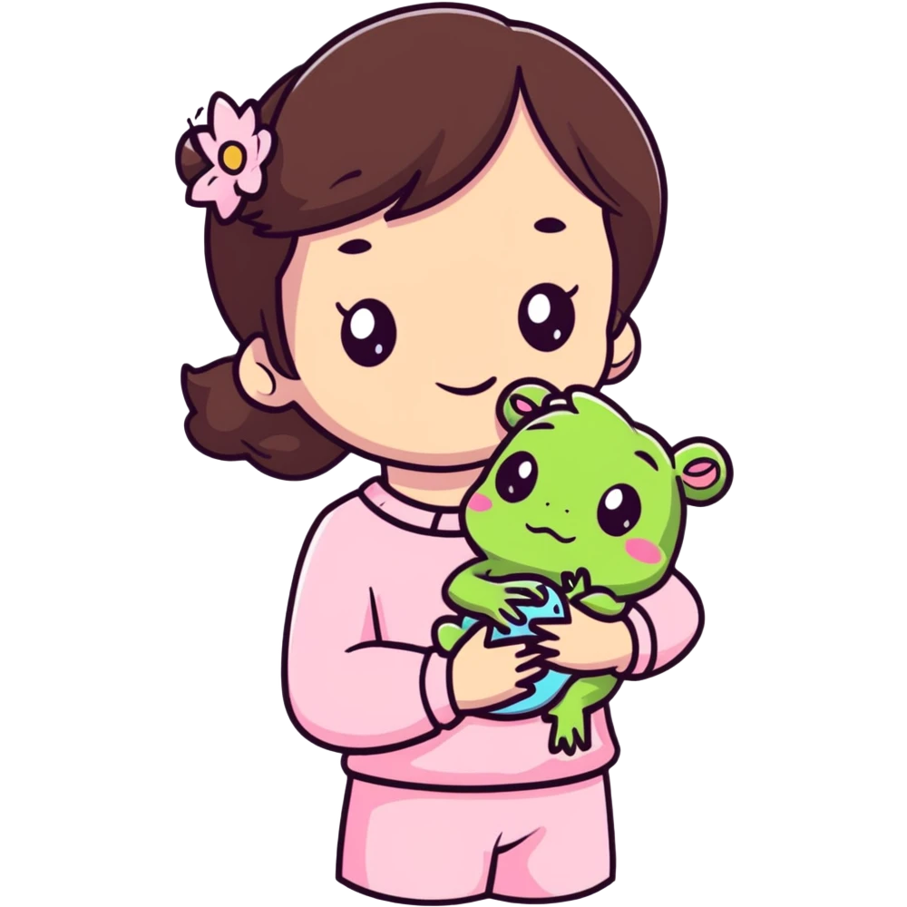 Cute little brunette girl wearing pastel pink and holding her soft, cute frog stuffy emoji
