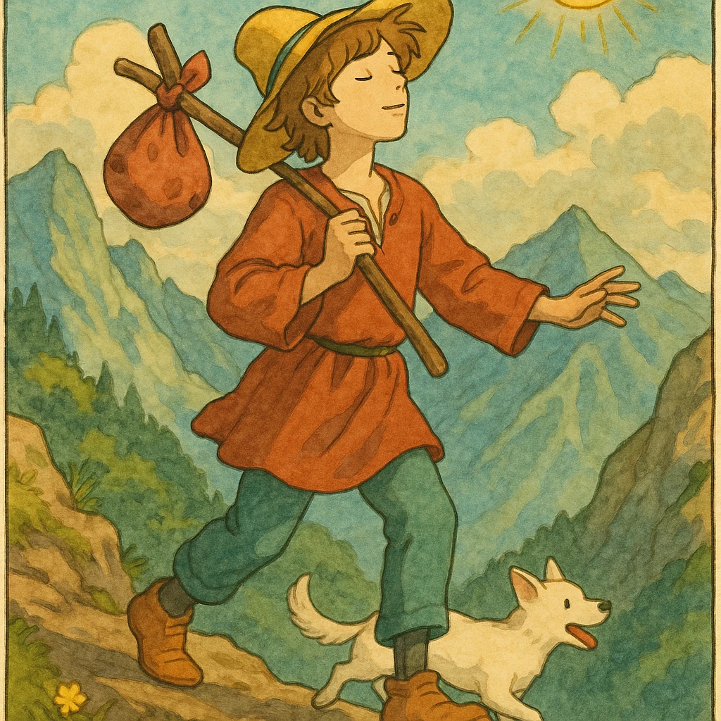The Fool tarot card, detailed illustration, ghibli style, no text emoji