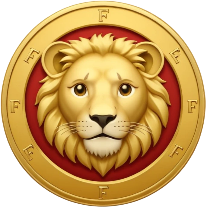 Pièce d’or ronde vue de face, lettre F gravée au centre, tête de lion fine et discrète en arrière‑plan, style emoji simple. emoji