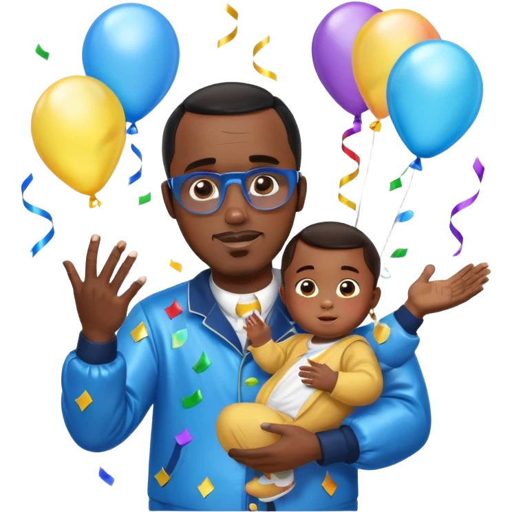 Diddy holding baby oil at a party with balloons and confetti and banners oiled up with kids oiled up emoji