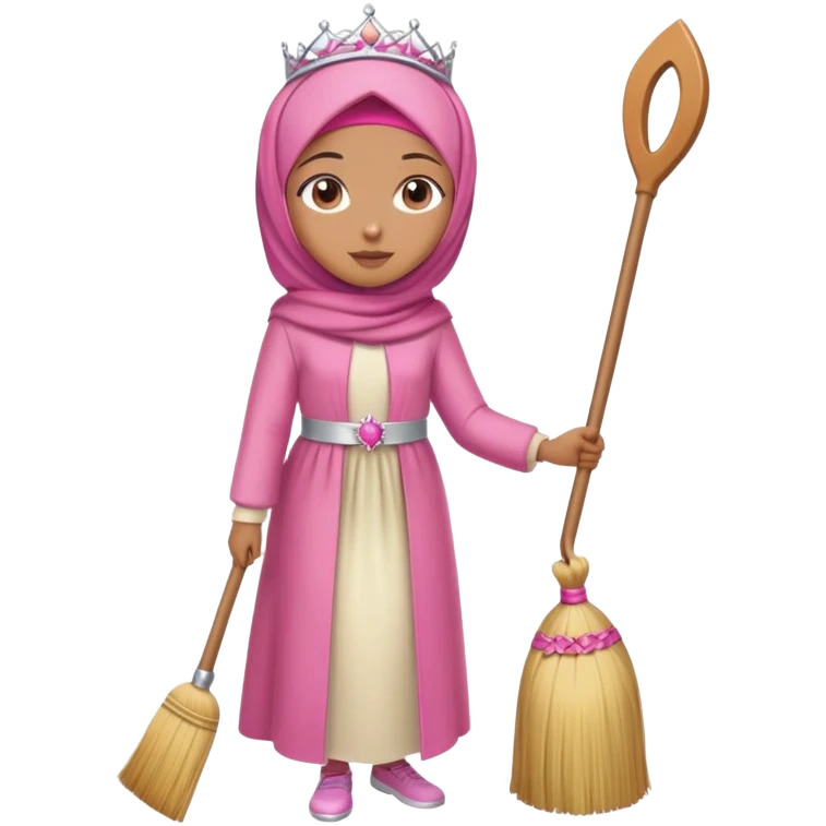 Full body girl caramel skin wearing pink hijab a cream satin set and a tiara on top of her head she is standing holding a broom emoji
