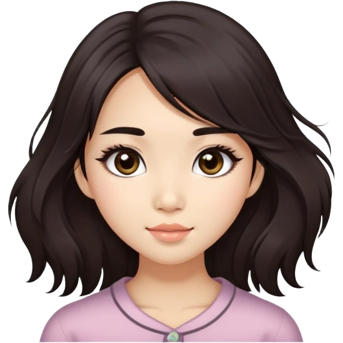Asian girl with very long shaggy deep dark brown hair, big dark eyes. long lower lashes, cheekbones with blush. big dimples. emoji