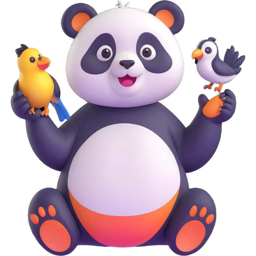 a panda with a surprised expression, a bird in its paw emoji