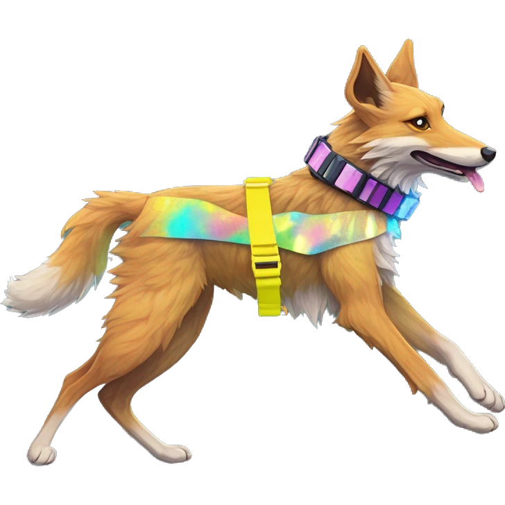  brindle fluffy lurcher Alsatian fox running blue eyes fluffy ears and iridescent holographic oilslick harness wearing paper iridescent tropical flower crown yellow caution tape neon sign emoji