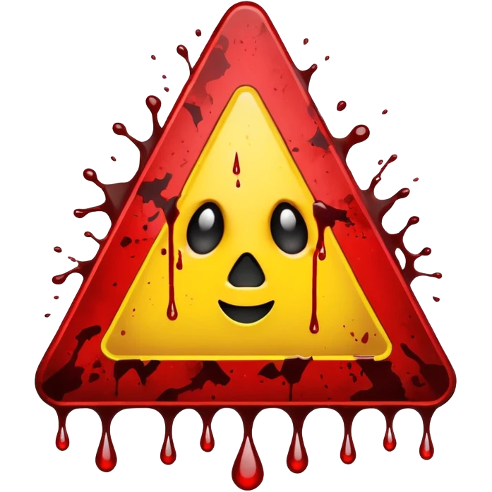 A triangular danger  and a bright yellow background. In the center, a dark red blood splatter spreads outward, with a few drops dripping down the sign. The design gives a wild, intense, and dangerous vibe, as if warning of something violent or hazardous. emoji