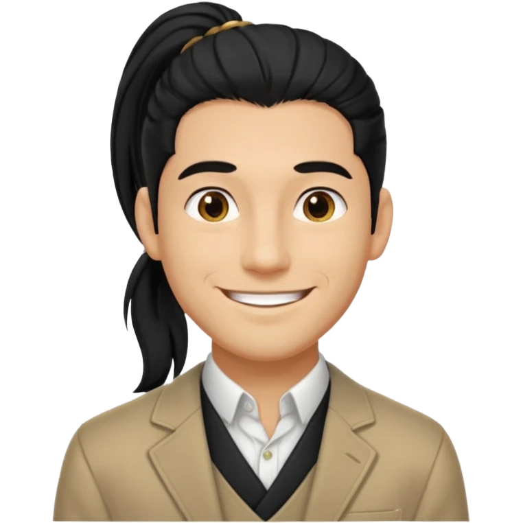black long pony tail hair man with polite outfit smile warmly emoji